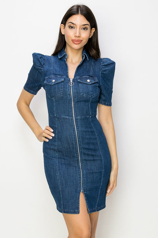 puff sleeve denim dress